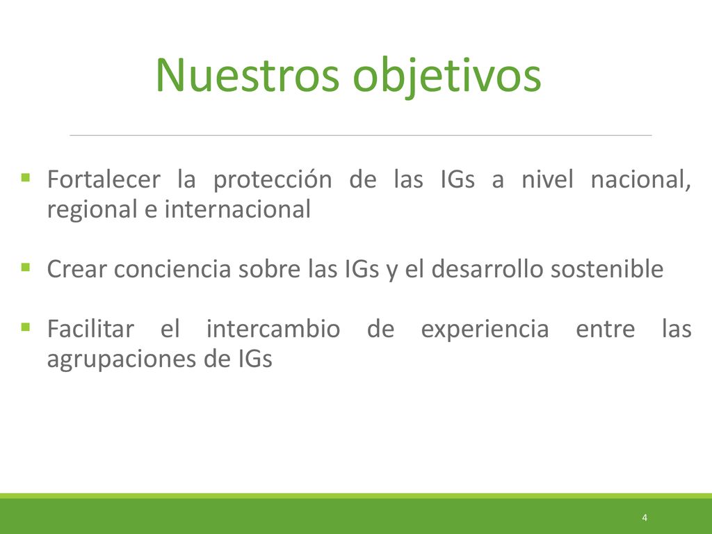 Nuestros objetivos Fortalecer la protección de las IGs a nivel nacional, regional e internacional.