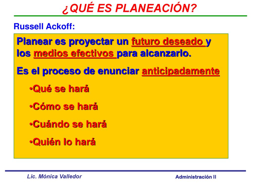 ¿QUÉ ES PLANEACIÓN Russell Ackoff: Planear es proyectar un futuro deseado y los medios efectivos para alcanzarlo.