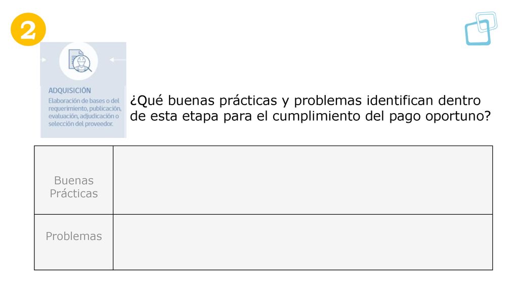 2 ¿Qué buenas prácticas y problemas identifican dentro de esta etapa para el cumplimiento del pago oportuno