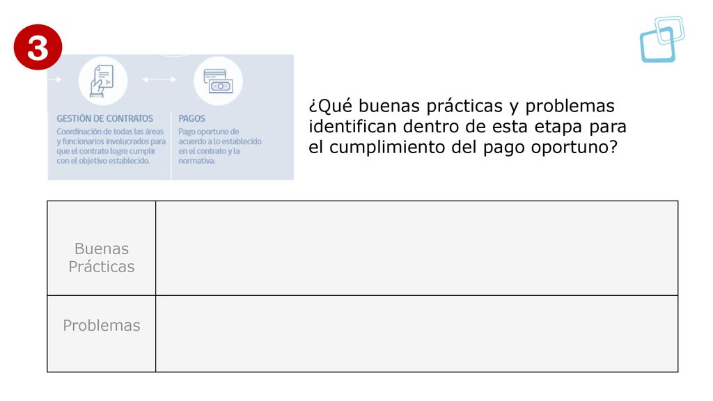 3 ¿Qué buenas prácticas y problemas identifican dentro de esta etapa para. el cumplimiento del pago oportuno