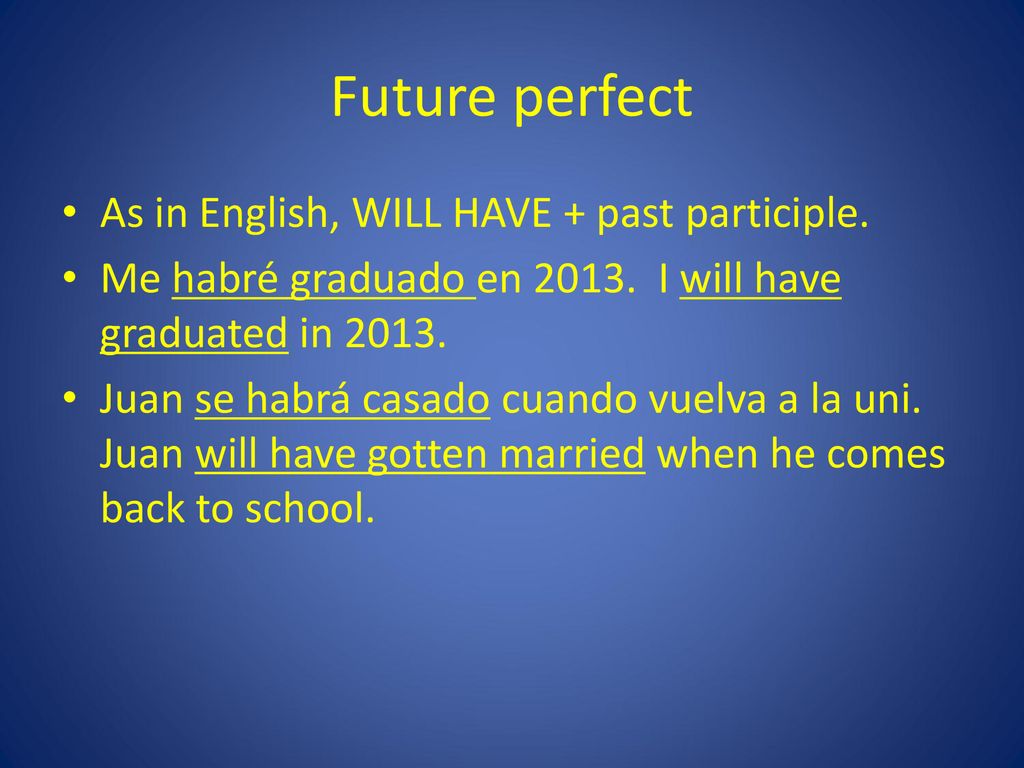 Future perfect As in English, WILL HAVE + past participle.