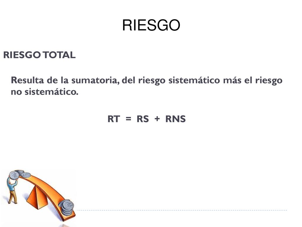 RIESGO RIESGO TOTAL. Resulta de la sumatoria, del riesgo sistemático más el riesgo no sistemático.