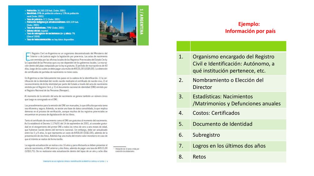 Ejemplo: Información por país. 1. Organismo encargado del Registro. Civil e Identificación: Autónomo, a qué institución pertenece, etc.