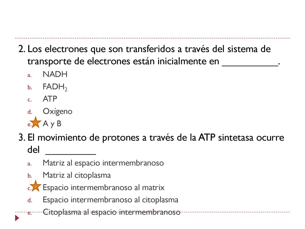 2. Los electrones que son transferidos a través del sistema de transporte de electrones están inicialmente en __________.