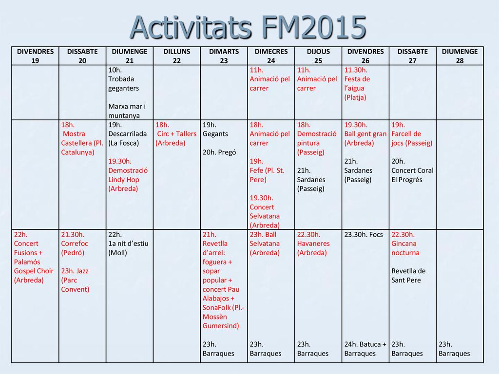 Activitats FM2015 DIVENDRES 19 DISSABTE 20 DIUMENGE 21 DILLUNS 22