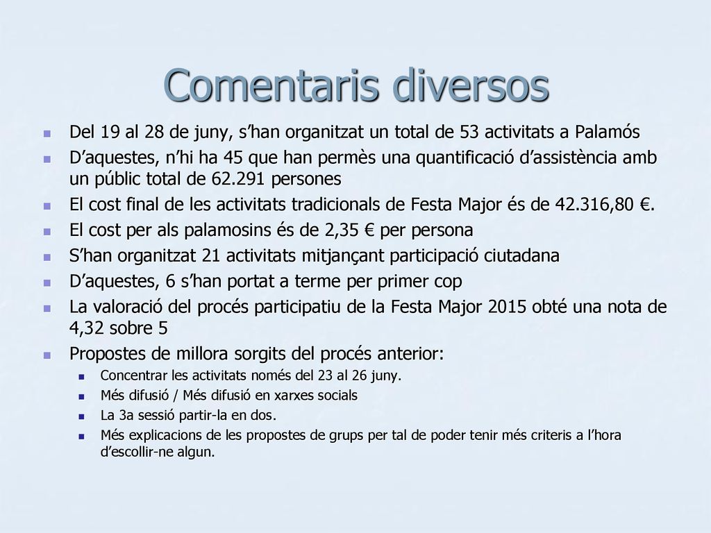 Comentaris diversos Del 19 al 28 de juny, s’han organitzat un total de 53 activitats a Palamós.