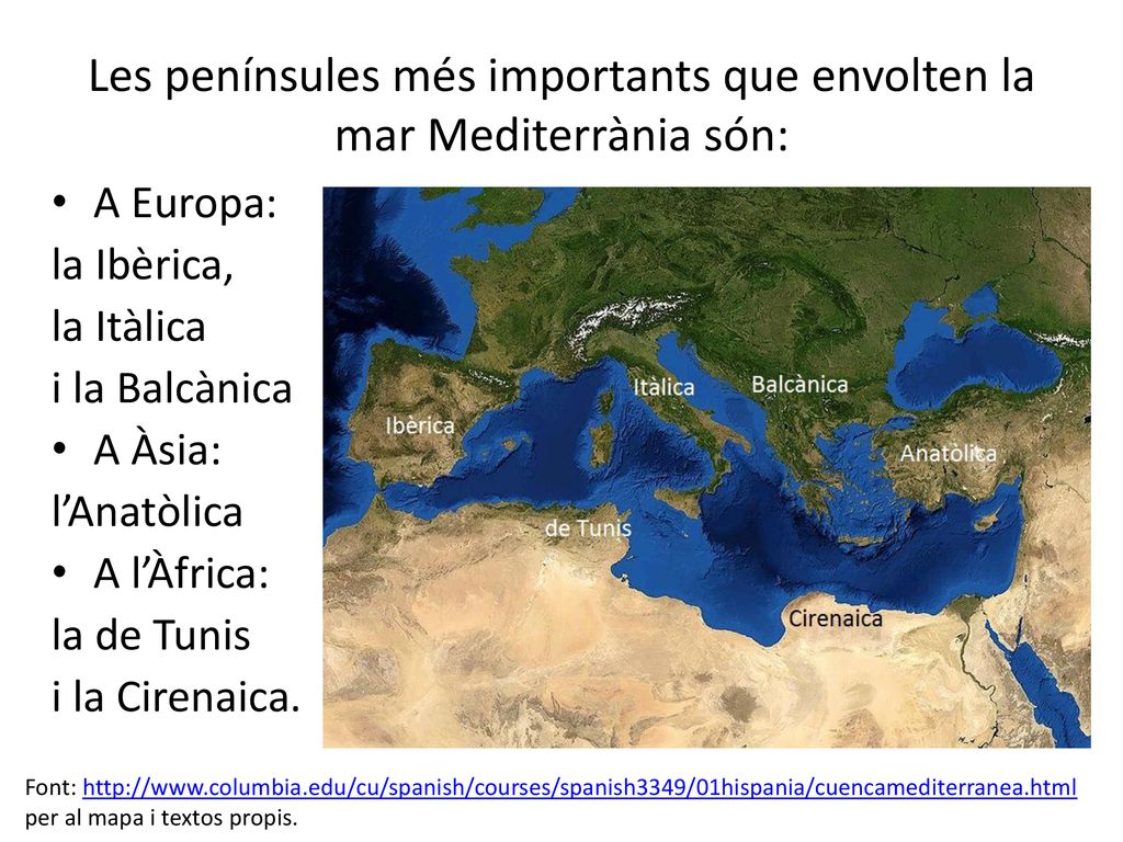 Les penínsules més importants que envolten la mar Mediterrània són: