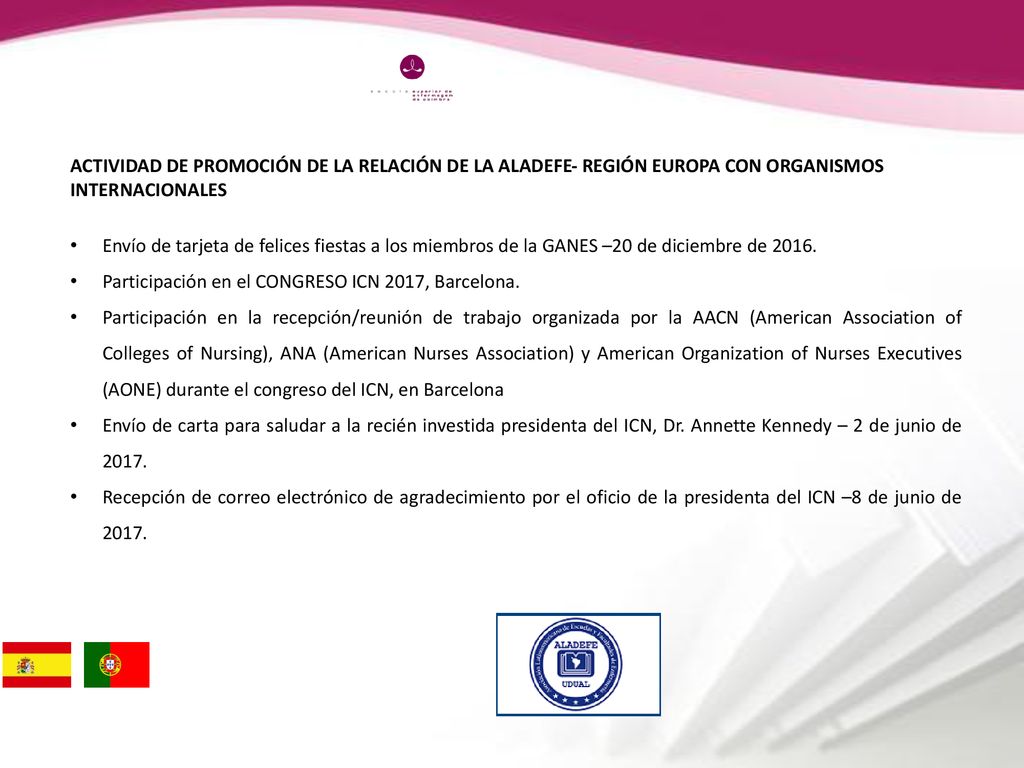 ACTIVIDAD DE PROMOCIÓN DE LA RELACIÓN DE LA ALADEFE- REGIÓN EUROPA CON ORGANISMOS INTERNACIONALES