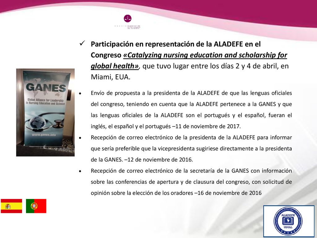 Participación en representación de la ALADEFE en el Congreso «Catalyzing nursing education and scholarship for global health», que tuvo lugar entre los días 2 y 4 de abril, en Miami, EUA.