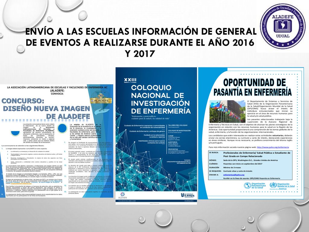 Envío a las Escuelas información de general de eventos a realizarse durante el año 2016 y 2017
