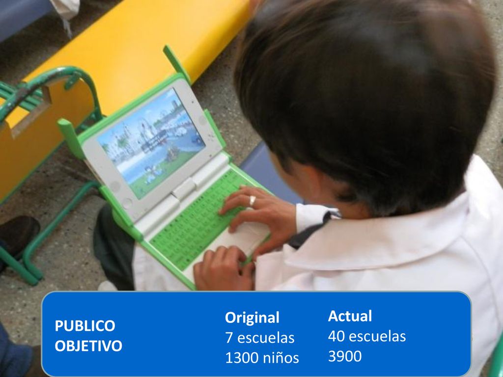 Original 7 escuelas 1300 niños Actual 40 escuelas 3900 PUBLICO OBJETIVO