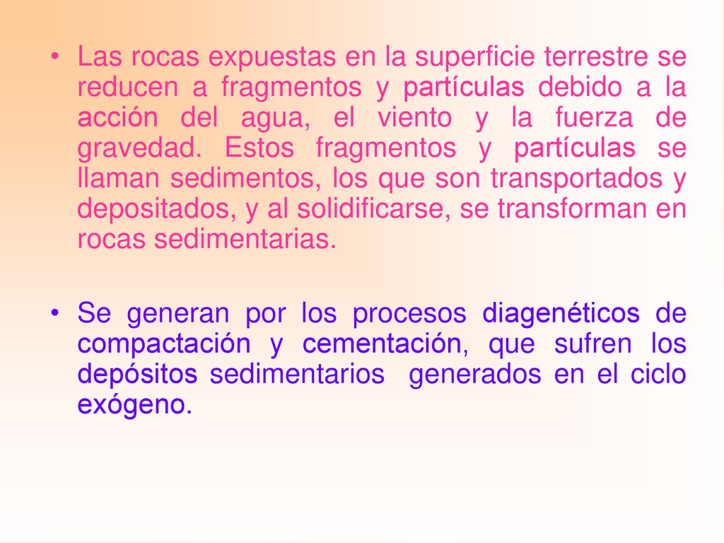 Las rocas expuestas en la superficie terrestre se reducen a fragmentos y partículas debido a la acción del agua, el viento y la fuerza de gravedad. Estos fragmentos y partículas se llaman sedimentos, los que son transportados y depositados, y al solidificarse, se transforman en rocas sedimentarias.