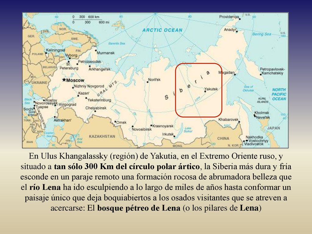 En Ulus Khangalassky (región) de Yakutia, en el Extremo Oriente ruso, y situado a tan sólo 300 Km del círculo polar ártico, la Siberia más dura y fría esconde en un paraje remoto una formación rocosa de abrumadora belleza que el río Lena ha ido esculpiendo a lo largo de miles de años hasta conformar un paisaje único que deja boquiabiertos a los osados visitantes que se atreven a acercarse: El bosque pétreo de Lena (o los pilares de Lena)