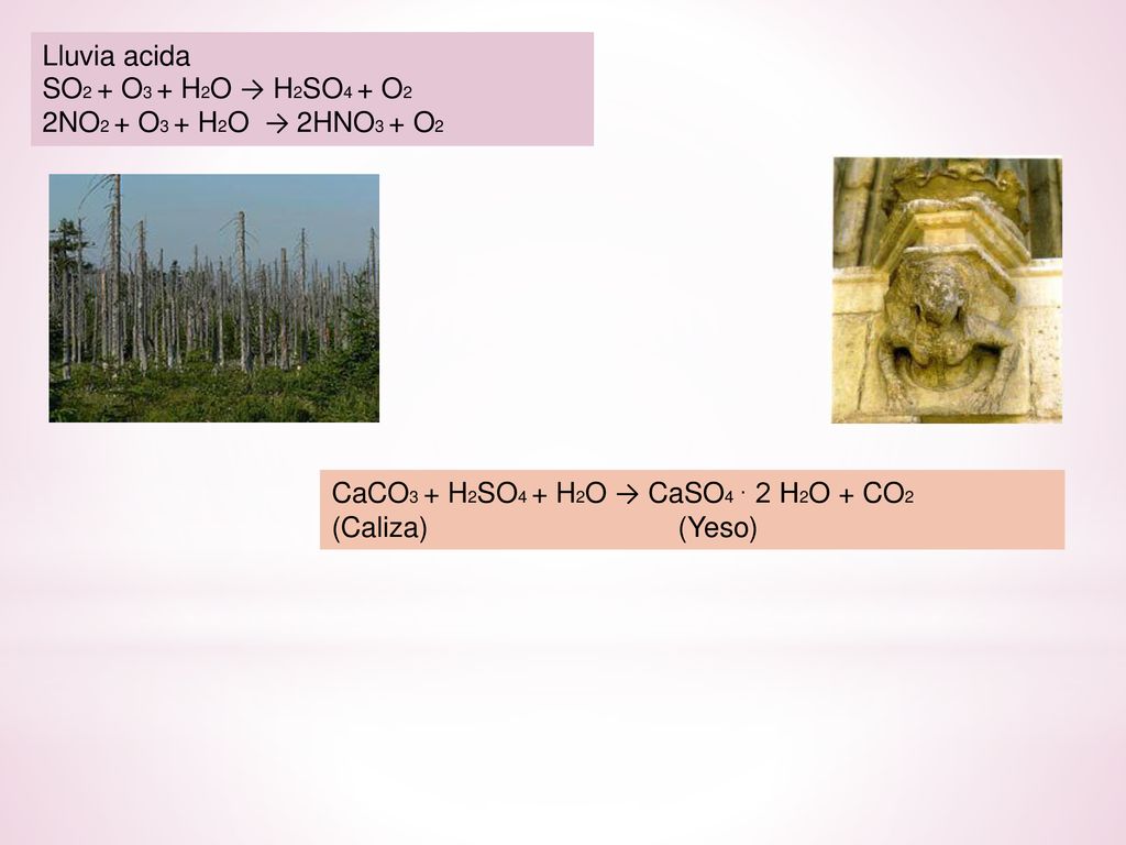 Lluvia acida SO2 + O3 + H2O → H2SO4 + O2. 2NO2 + O3 + H2O → 2HNO3 + O2. CaCO3 + H2SO4 + H2O → CaSO4 · 2 H2O + CO2.