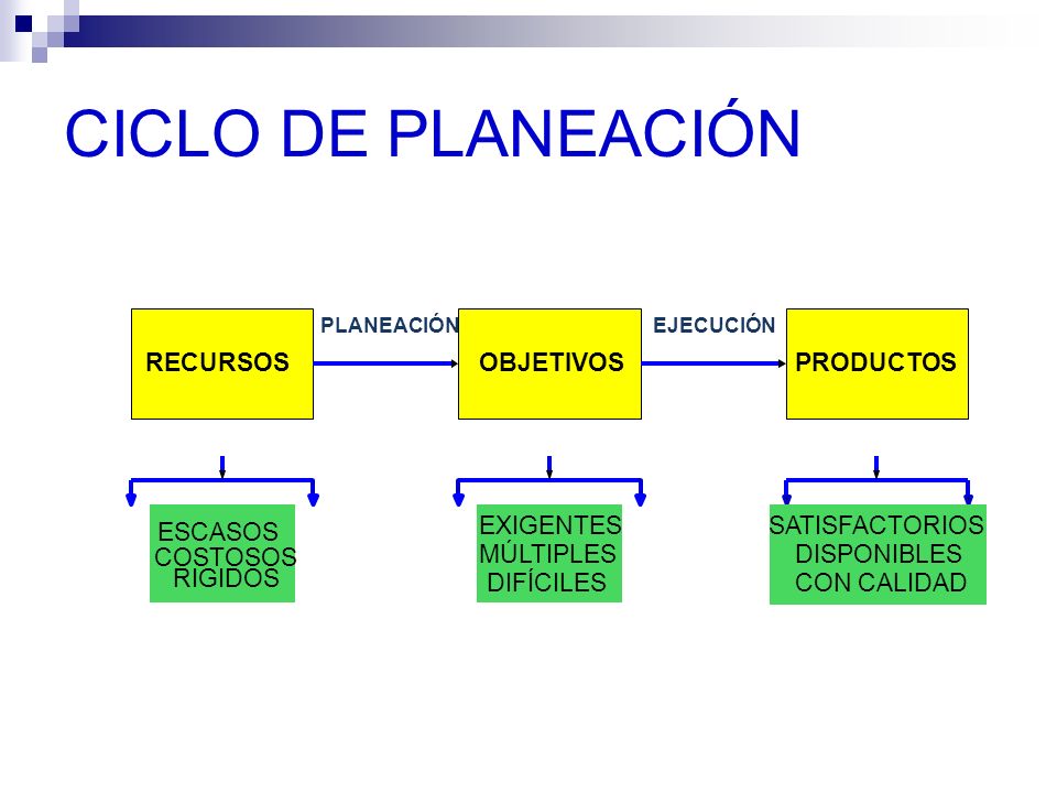 CICLO DE PLANEACIÓN RECURSOS OBJETIVOS PRODUCTOS ESCASOS COSTOSOS