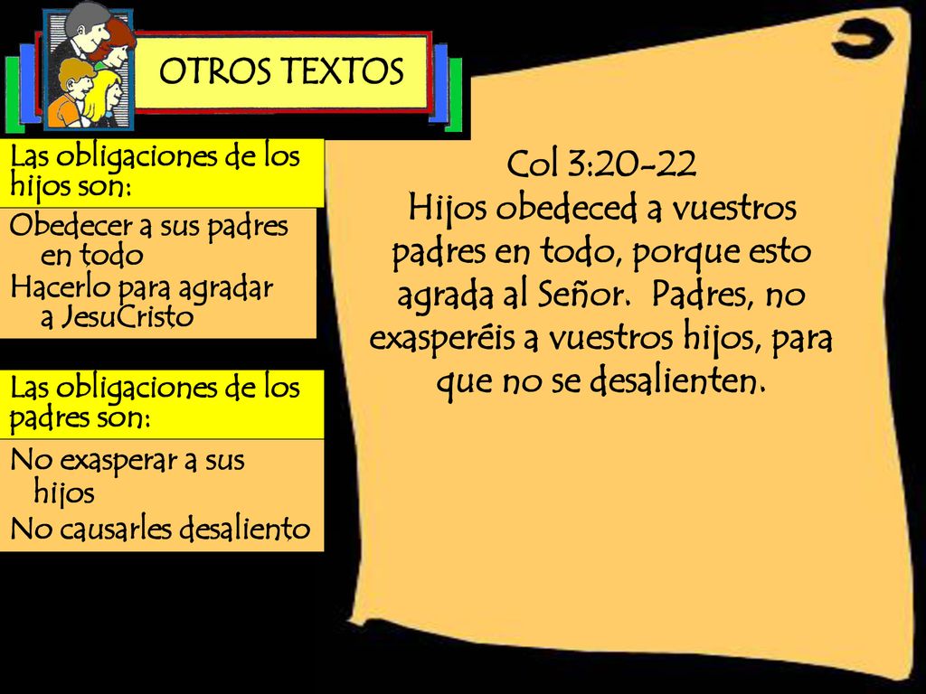 OTROS TEXTOS Las obligaciones de los hijos son: Col 3: