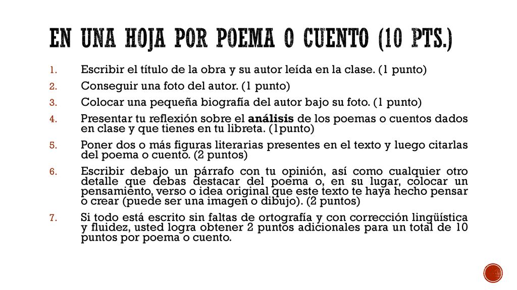 En una hoja por poema o cuento (10 pts.)