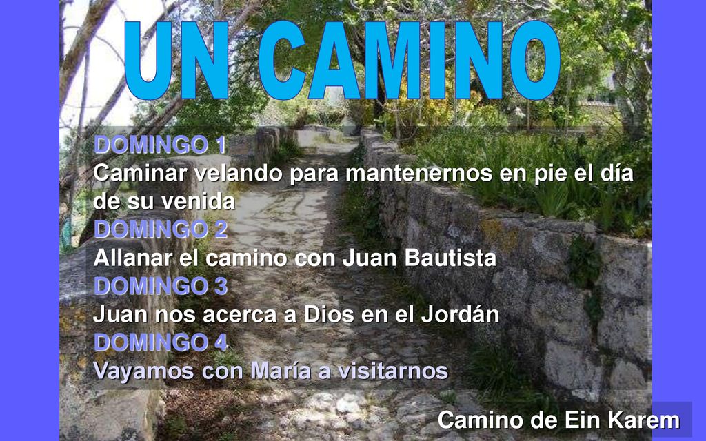 UN CAMINO DOMINGO 1 Caminar velando para mantenernos en pie el día de su venida. DOMINGO 2. Allanar el camino con Juan Bautista.