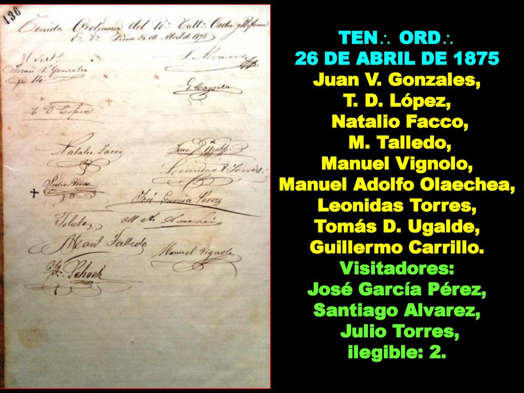26 DE ABRIL DE 1875 Juan V. Gonzales, T. D. López, Natalio Facco,
