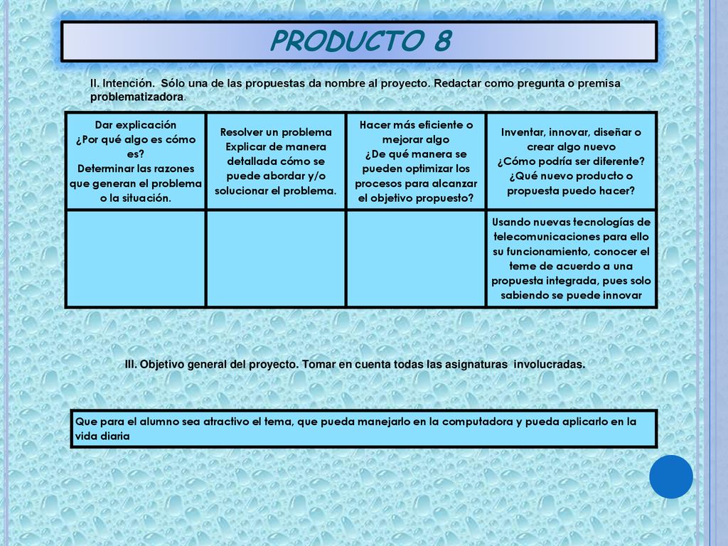 PRODUCTO 8 II. Intención. Sólo una de las propuestas da nombre al proyecto. Redactar como pregunta o premisa problematizadora.