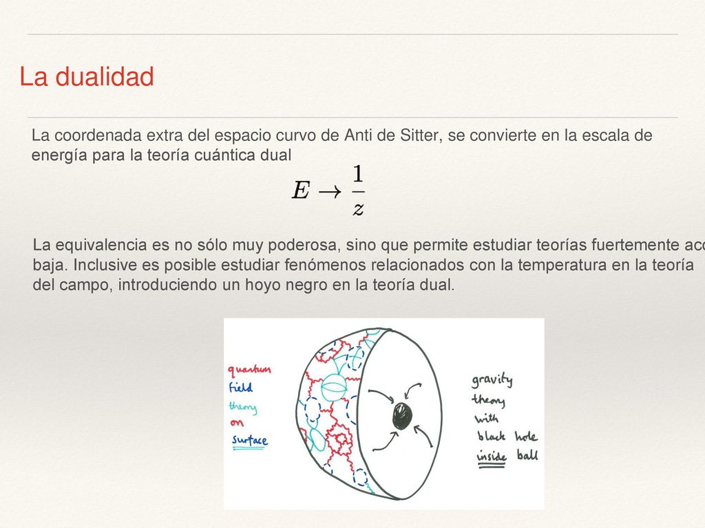 La dualidad La coordenada extra del espacio curvo de Anti de Sitter, se convierte en la escala de energía para la teoría cuántica dual.