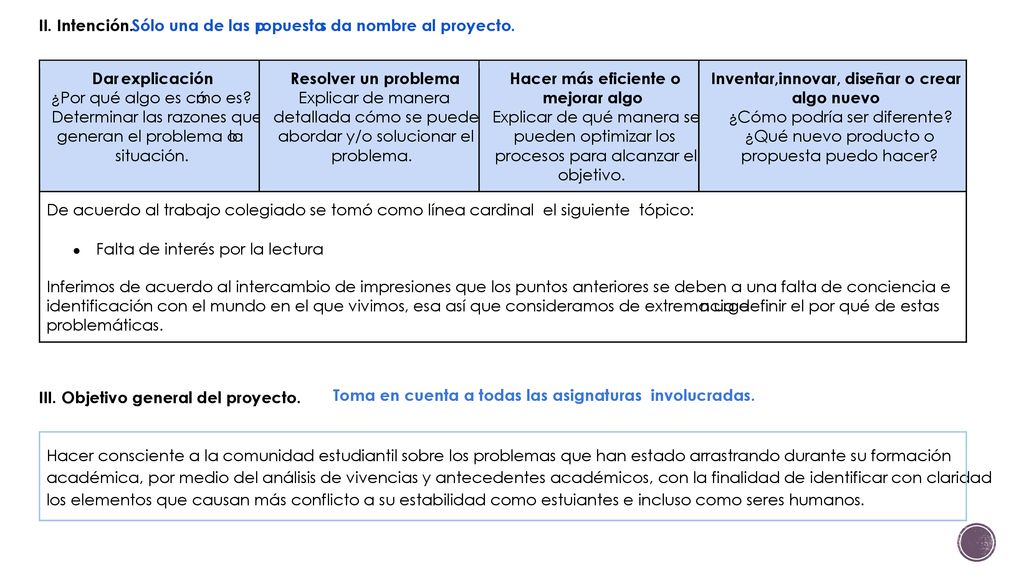 II. Intención. Sólo una de las p. ropuesta. s. da nombre al proyecto. Dar. explicación. ¿Por qué algo es có.