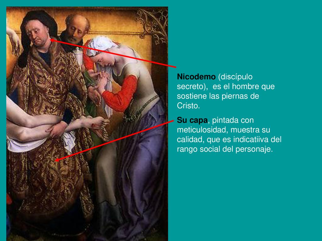 Nicodemo (discípulo secreto), es el hombre que sostiene las piernas de Cristo.