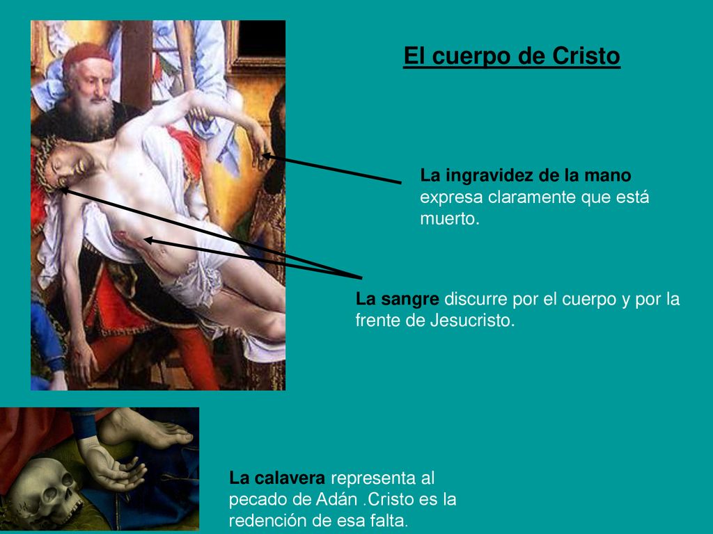 El cuerpo de Cristo La ingravidez de la mano expresa claramente que está muerto. La sangre discurre por el cuerpo y por la frente de Jesucristo.