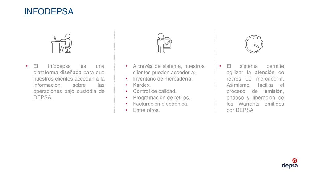INFODEPSA El Infodepsa es una plataforma diseñada para que nuestros clientes accedan a la información sobre las operaciones bajo custodia de DEPSA.
