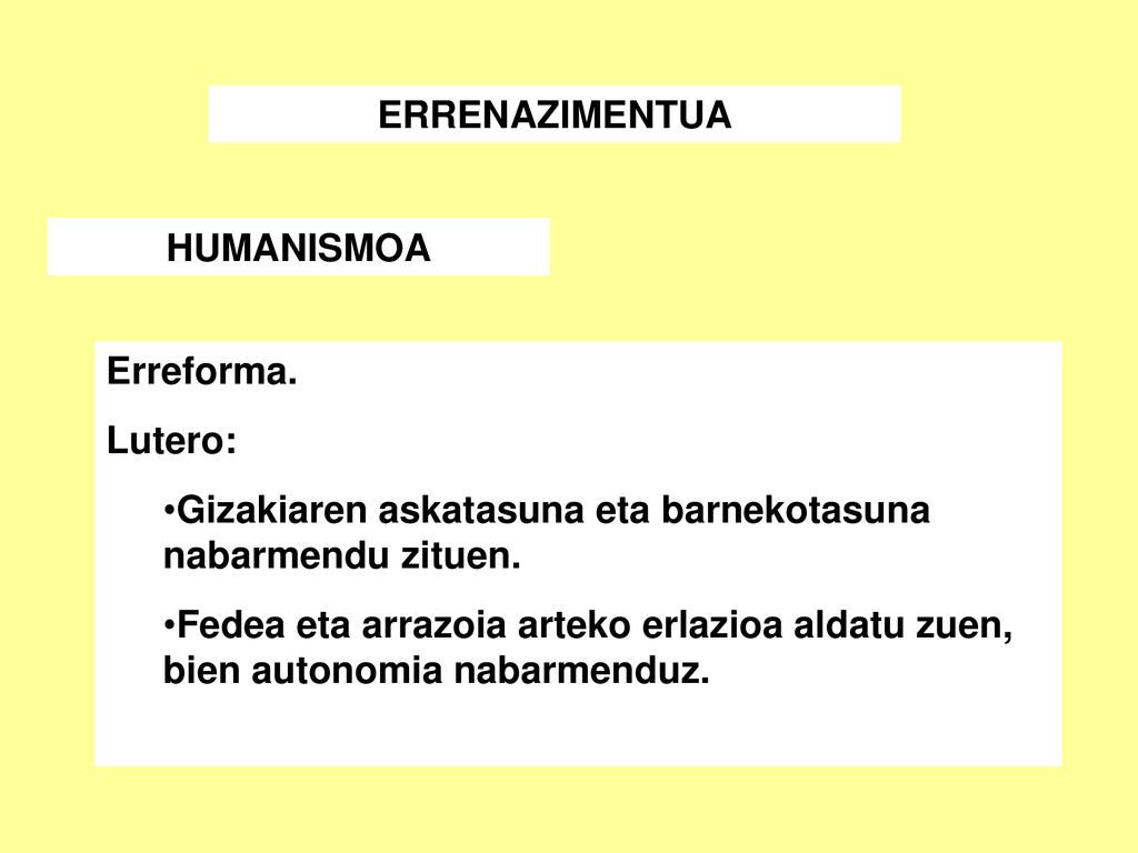 ERRENAZIMENTUA HUMANISMOA. Erreforma. Lutero: Gizakiaren askatasuna eta barnekotasuna nabarmendu zituen.