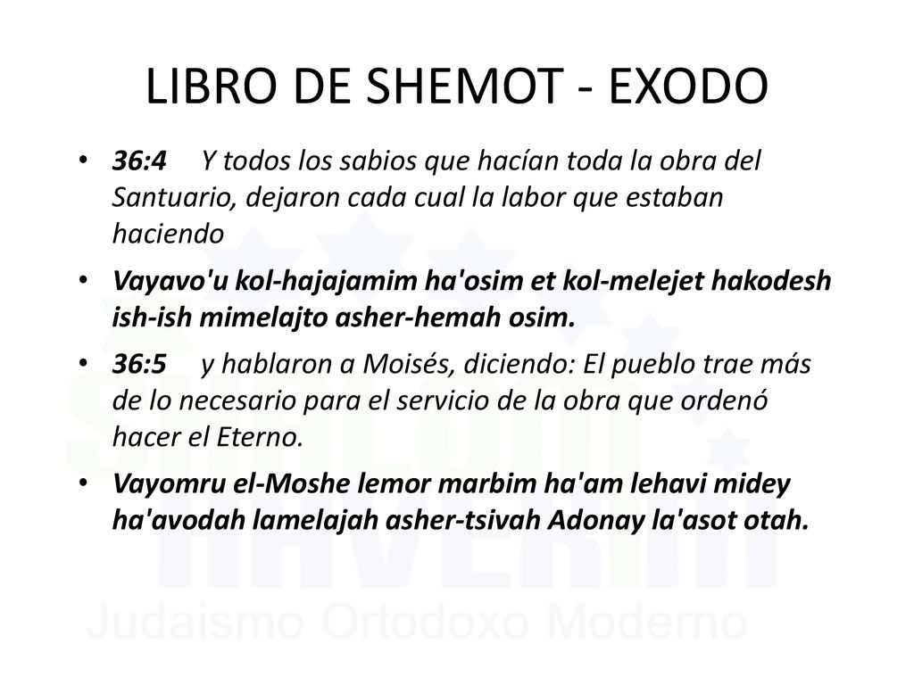 LIBRO DE SHEMOT - EXODO 36:4 Y todos los sabios que hacían toda la obra del Santuario, dejaron cada cual la labor que estaban haciendo.