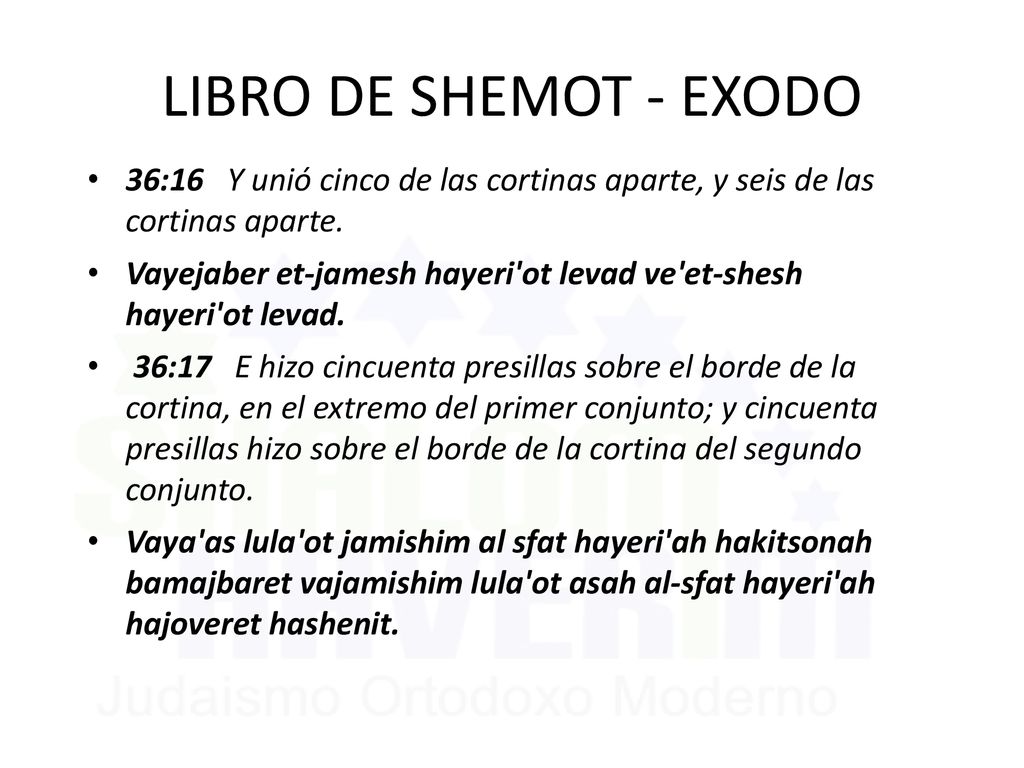 LIBRO DE SHEMOT - EXODO 36:16 Y unió cinco de las cortinas aparte, y seis de las cortinas aparte.