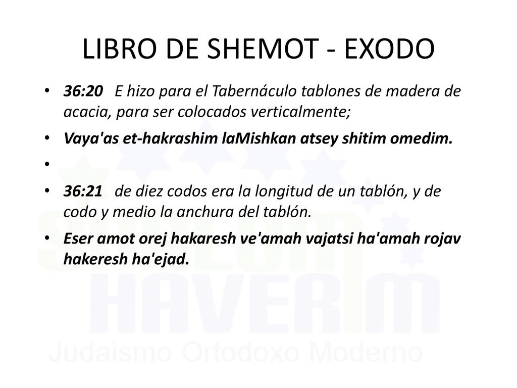 LIBRO DE SHEMOT - EXODO 36:20 E hizo para el Tabernáculo tablones de madera de acacia, para ser colocados verticalmente;