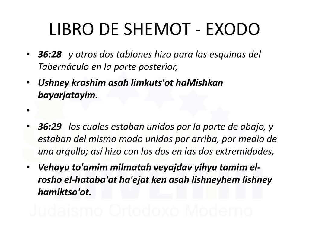 LIBRO DE SHEMOT - EXODO 36:28 y otros dos tablones hizo para las esquinas del Tabernáculo en la parte posterior,