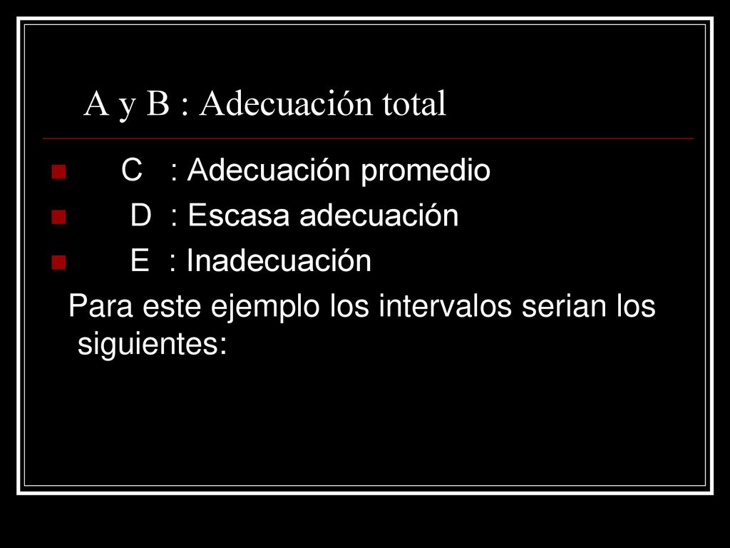 A y B : Adecuación total C : Adecuación promedio D : Escasa adecuación