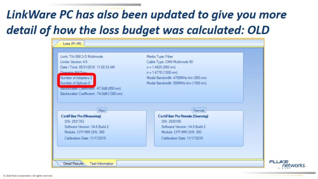 LinkWare PC has also been updated to give you more detail of how the loss budget was calculated: OLD