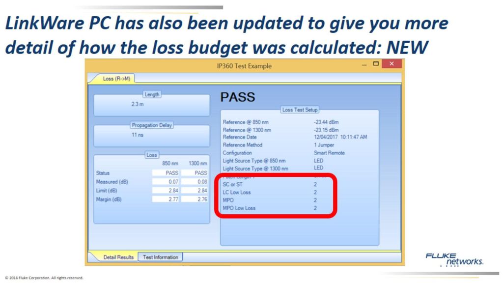 LinkWare PC has also been updated to give you more detail of how the loss budget was calculated: NEW