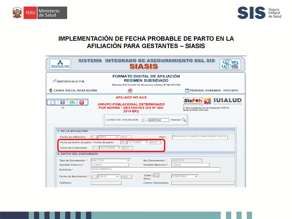 IMPLEMENTACIÓN DE FECHA PROBABLE DE PARTO EN LA AFILIACIÓN PARA GESTANTES – SIASIS