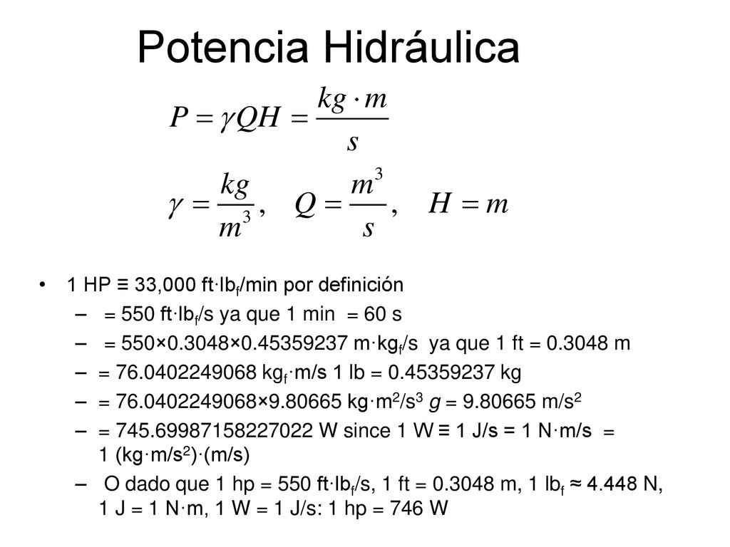 Potencia Hidráulica 1 HP ≡ 33,000 ft·lbf/min por definición