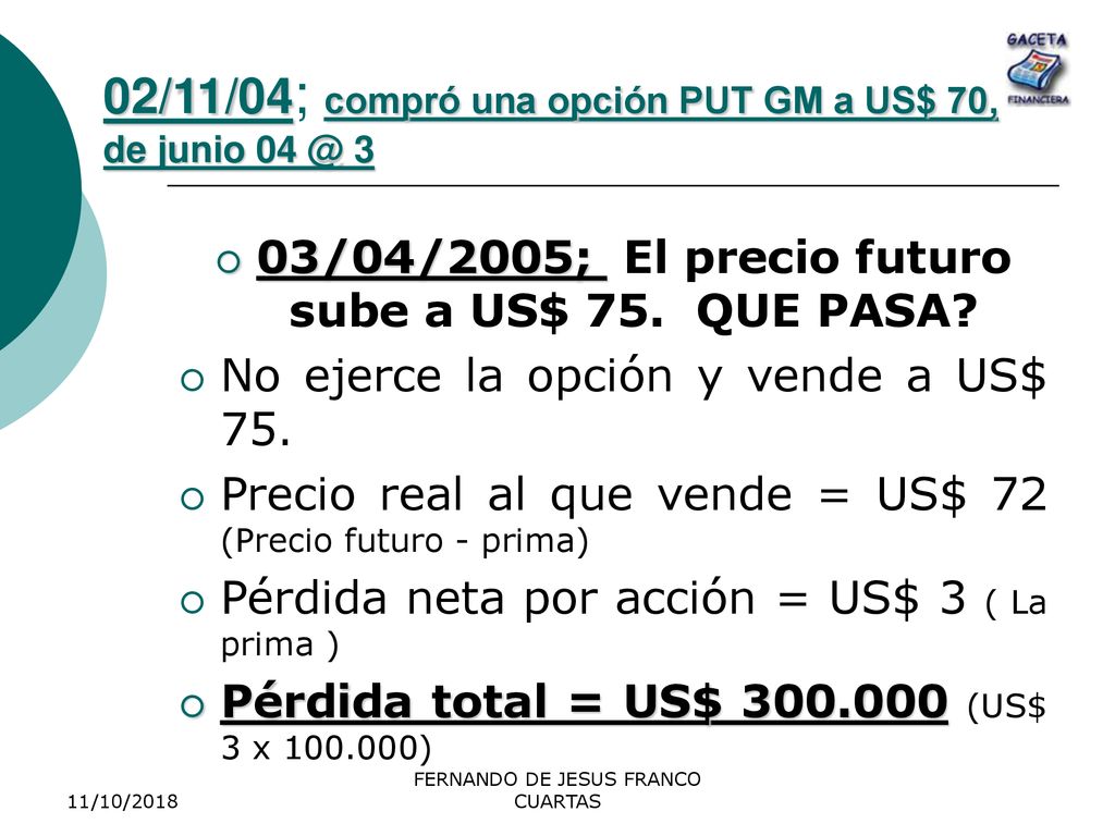 02/11/04; compró una opción PUT GM a US$ 70, de junio 3