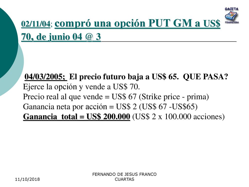 04/03/2005; El precio futuro baja a US$ 65. QUE PASA