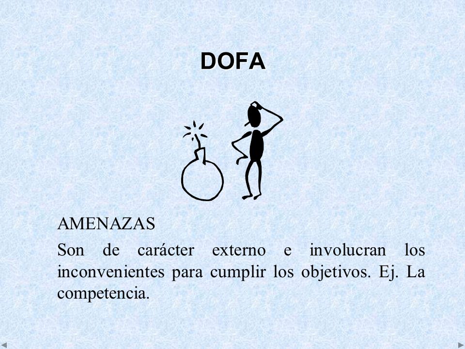 DOFA AMENAZAS. Son de carácter externo e involucran los inconvenientes para cumplir los objetivos.