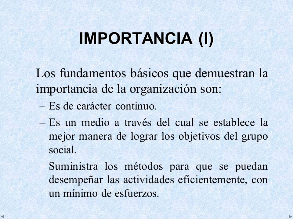 IMPORTANCIA (I) Los fundamentos básicos que demuestran la importancia de la organización son: Es de carácter continuo.