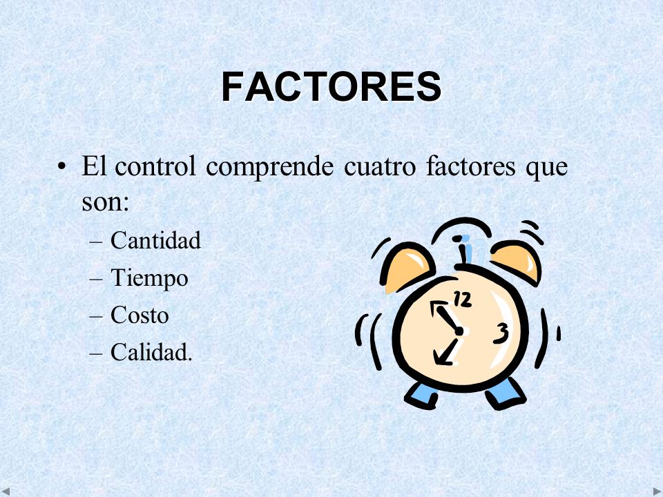 FACTORES El control comprende cuatro factores que son: Cantidad Tiempo