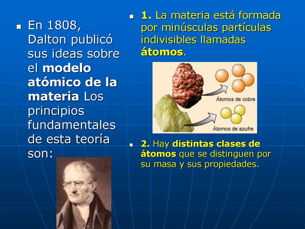 1. La materia está formada por minúsculas partículas indivisibles llamadas átomos.