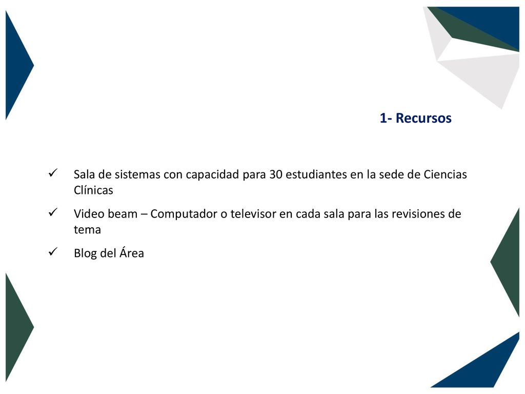 1- Recursos Sala de sistemas con capacidad para 30 estudiantes en la sede de Ciencias Clínicas.