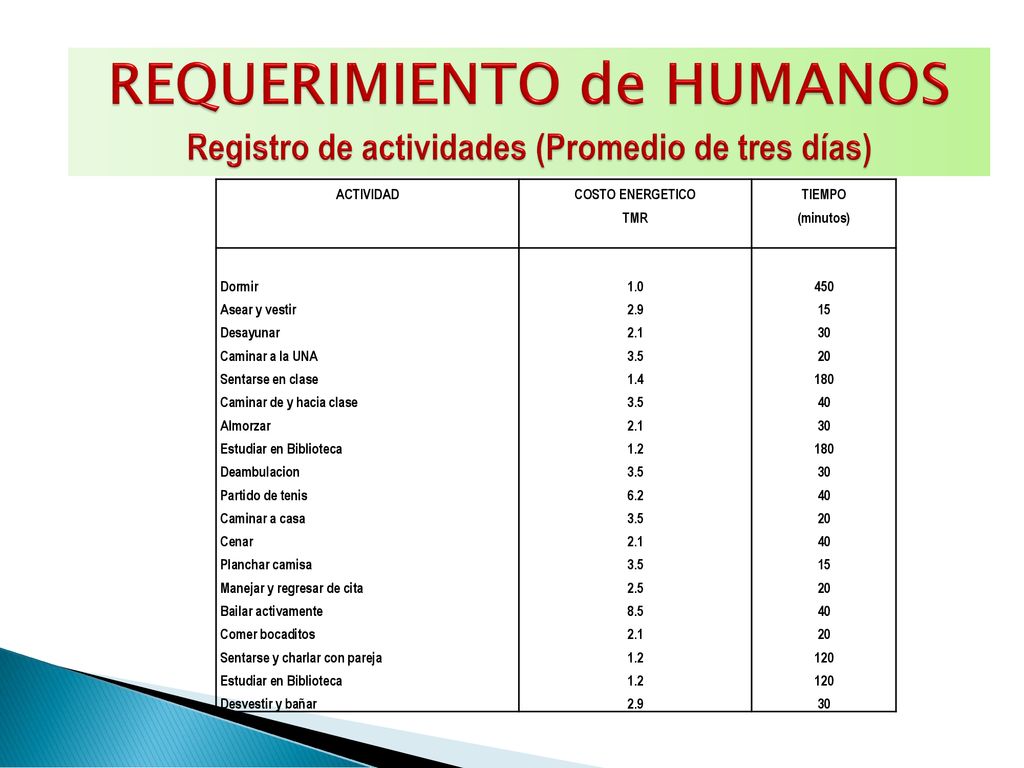 REQUERIMIENTO de HUMANOS Registro de actividades (Promedio de tres días)