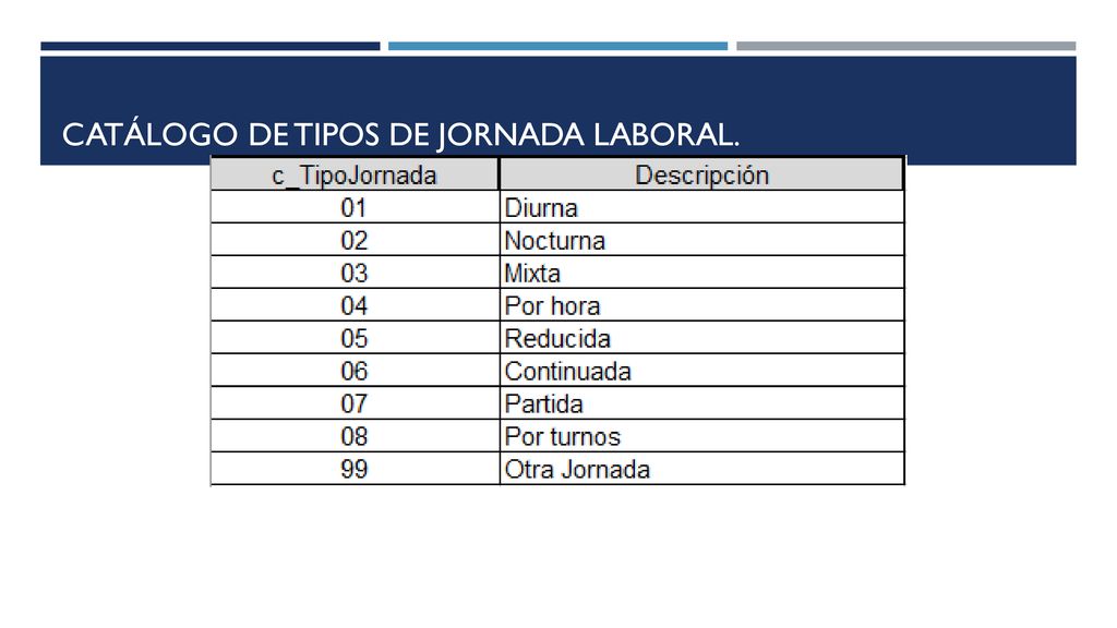 Catálogo de Tipos de Jornada Laboral.