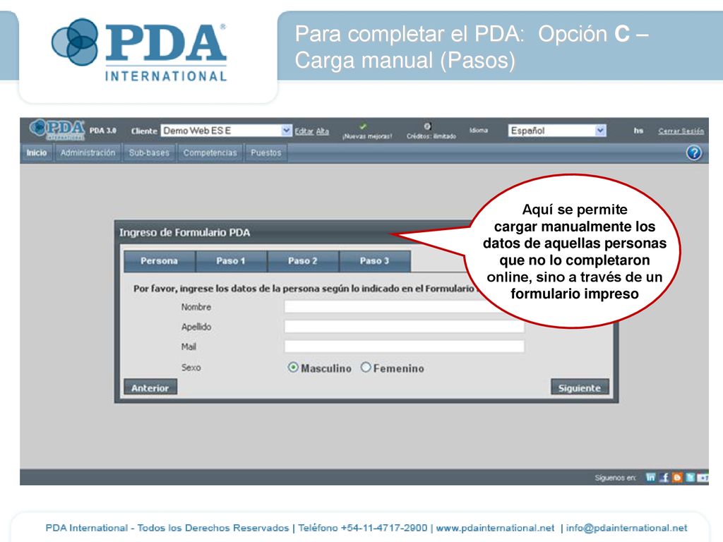 Para completar el PDA: Opción C – Carga manual (Pasos)