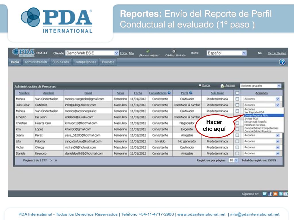 Reportes: Envío del Reporte de Perfil Conductual al evaluado (1º paso )